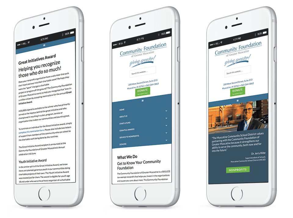 web design for muscatine nonprofit on mobile phone