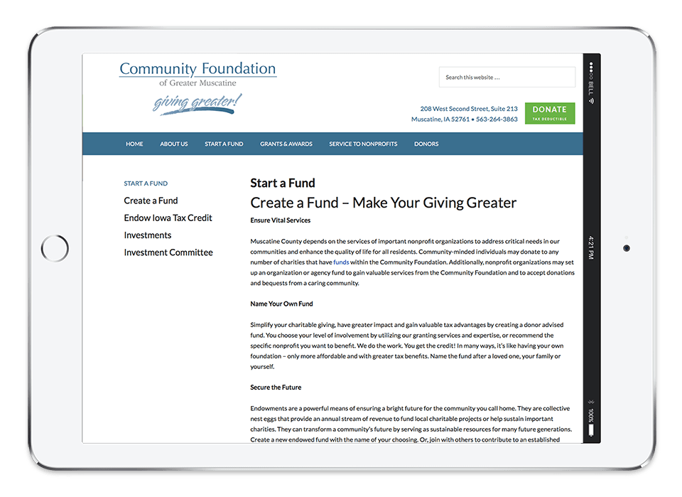 muscatine web design for nonprofit on tablet