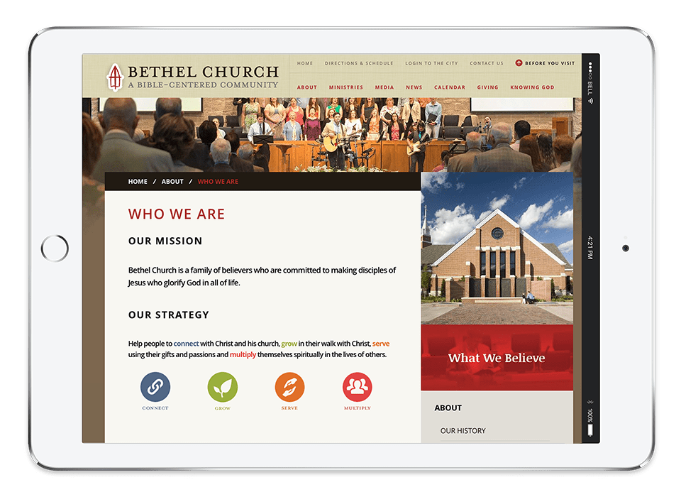 church website on tablet